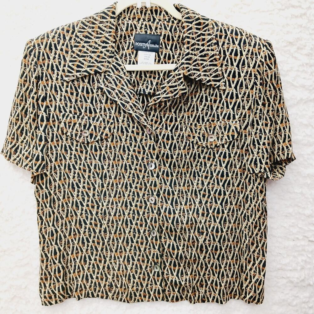 Blouse Geometric Button Brown Black Retro Heritage Office Chic VTG Y2K Size 14